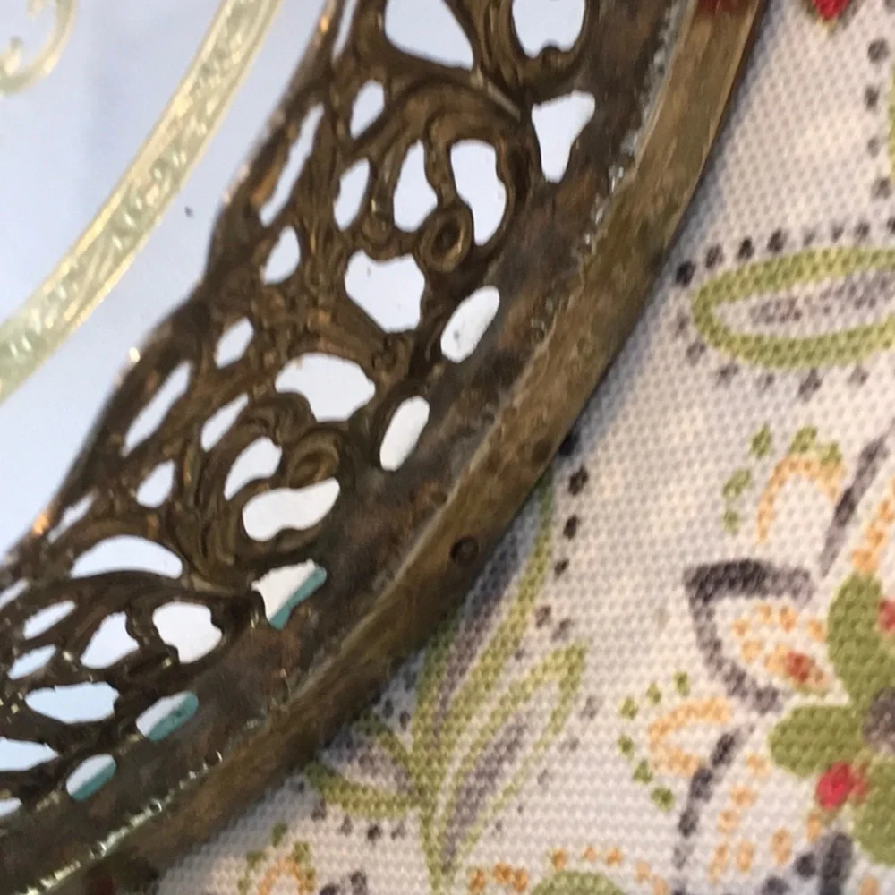 Vintage and hard to find gold vanity filigree etched mirrored tray